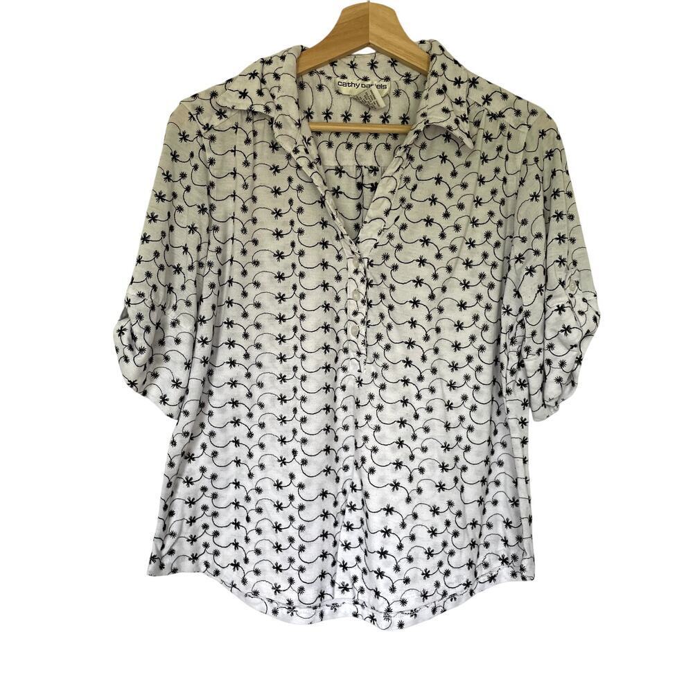 Cathy Daniels Roll-Tab Button Down Top L White Women Starburst Embroidered